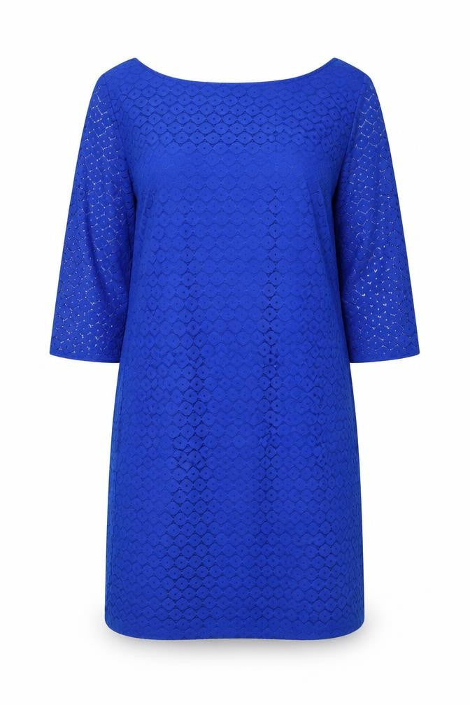 Kasper Women Blue Lace Shift Dress Size 12 Knee Length 3/4 Sleeve