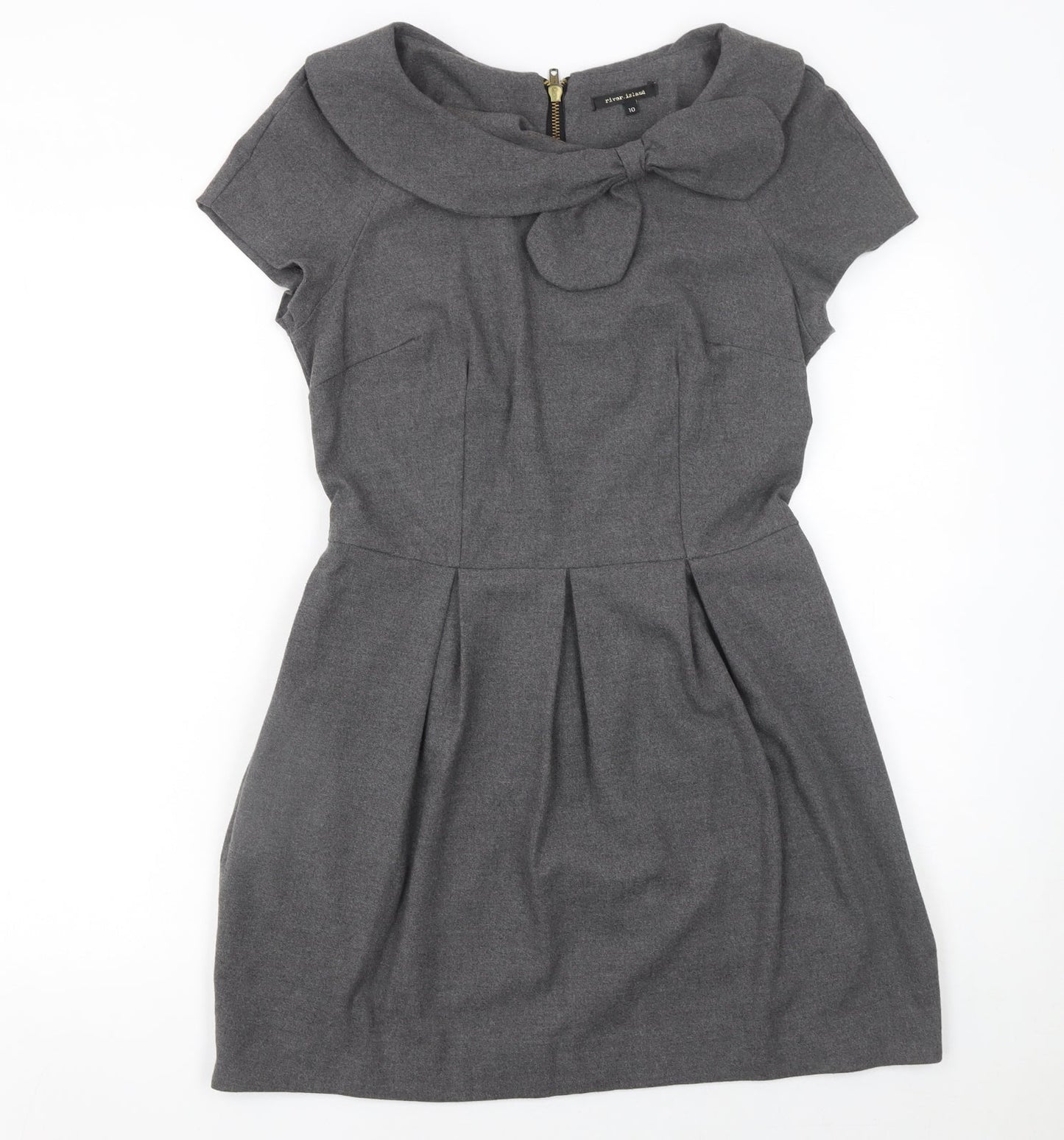 River Island Women Grey Size 10 Fit & Flare Bow Short Sleeve Work Dress