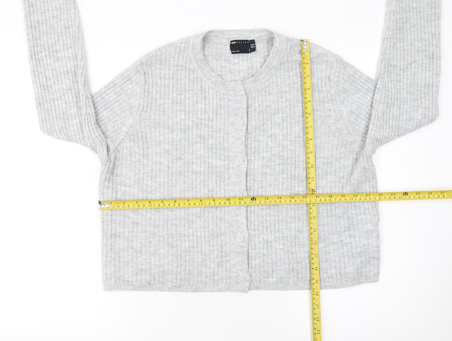ASOS Women Grey Ribbed Crew Neck Long Sleeve Button Cardigan Size 14
