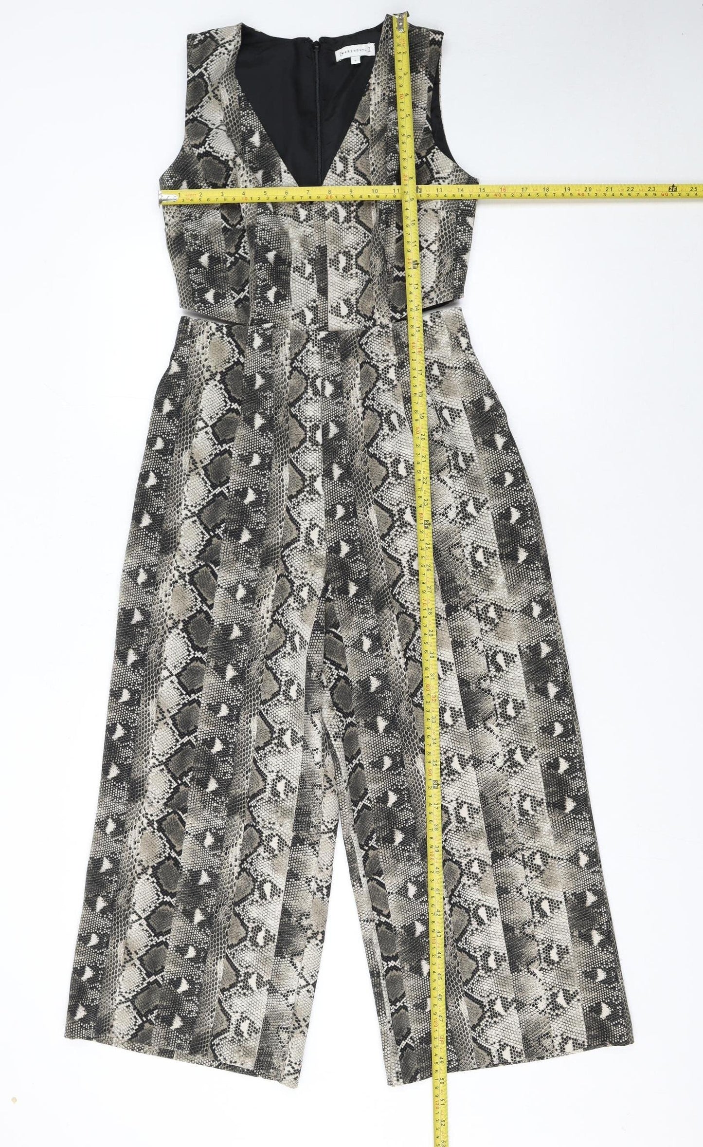 Warehouse Women’s Grey Snakeskin V-Neck Wide-Leg Sleeveless Jumpsuit Size 8