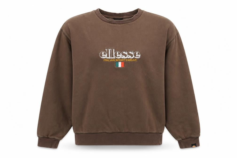 Front view of Ellesse women’s brown pullover sweatshirt m cotton blend logo
