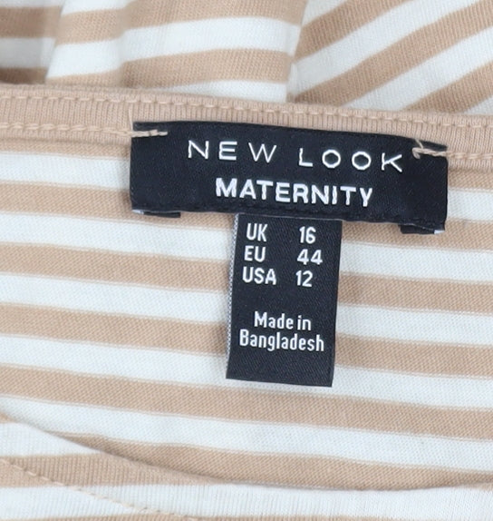 New Look Maternity Beige Striped 3/4 Sleeve Crew Neck Cotton T-Shirt UK 16