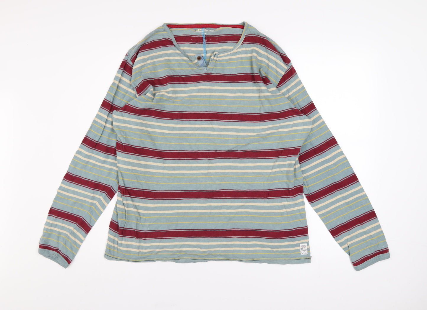 FCUK Mens Multicoloured Striped Long Sleeve Henley Cotton Top Size L