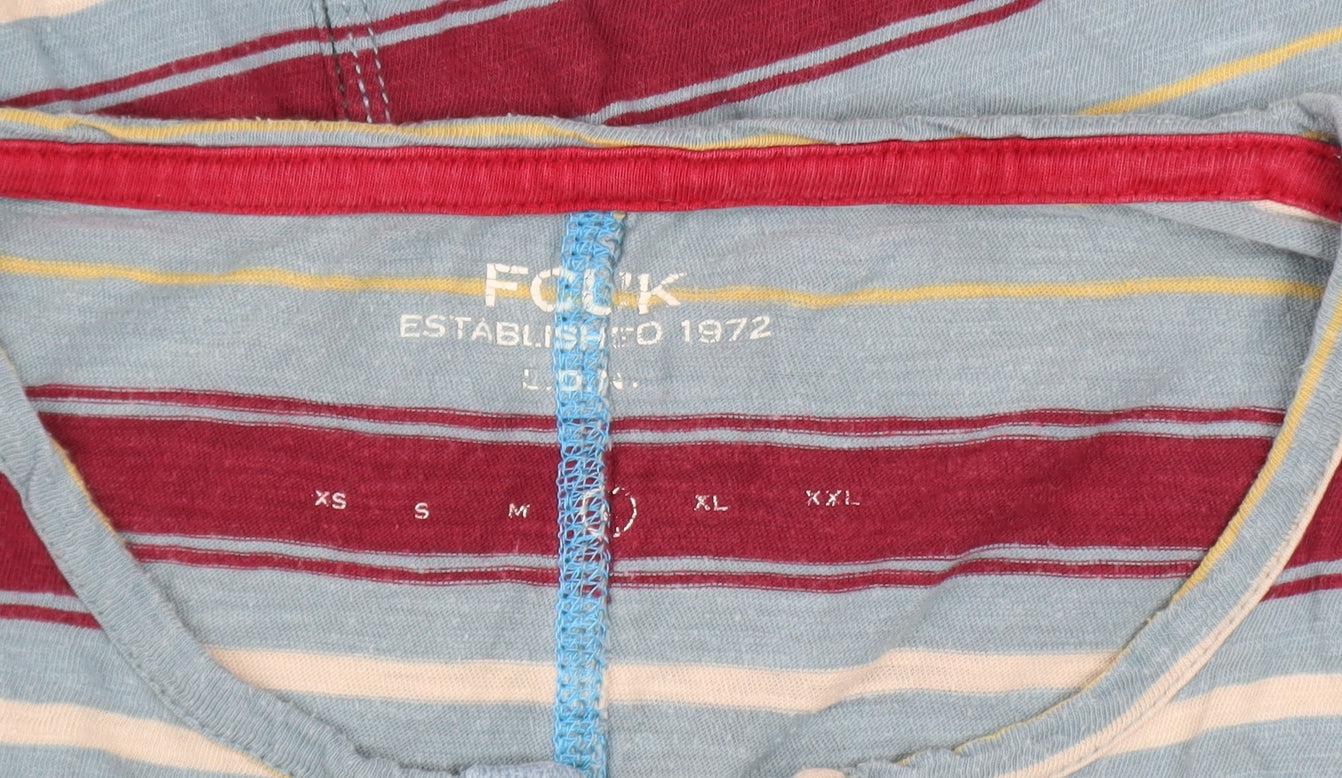 FCUK Mens Multicoloured Striped Long Sleeve Henley Cotton Top Size L