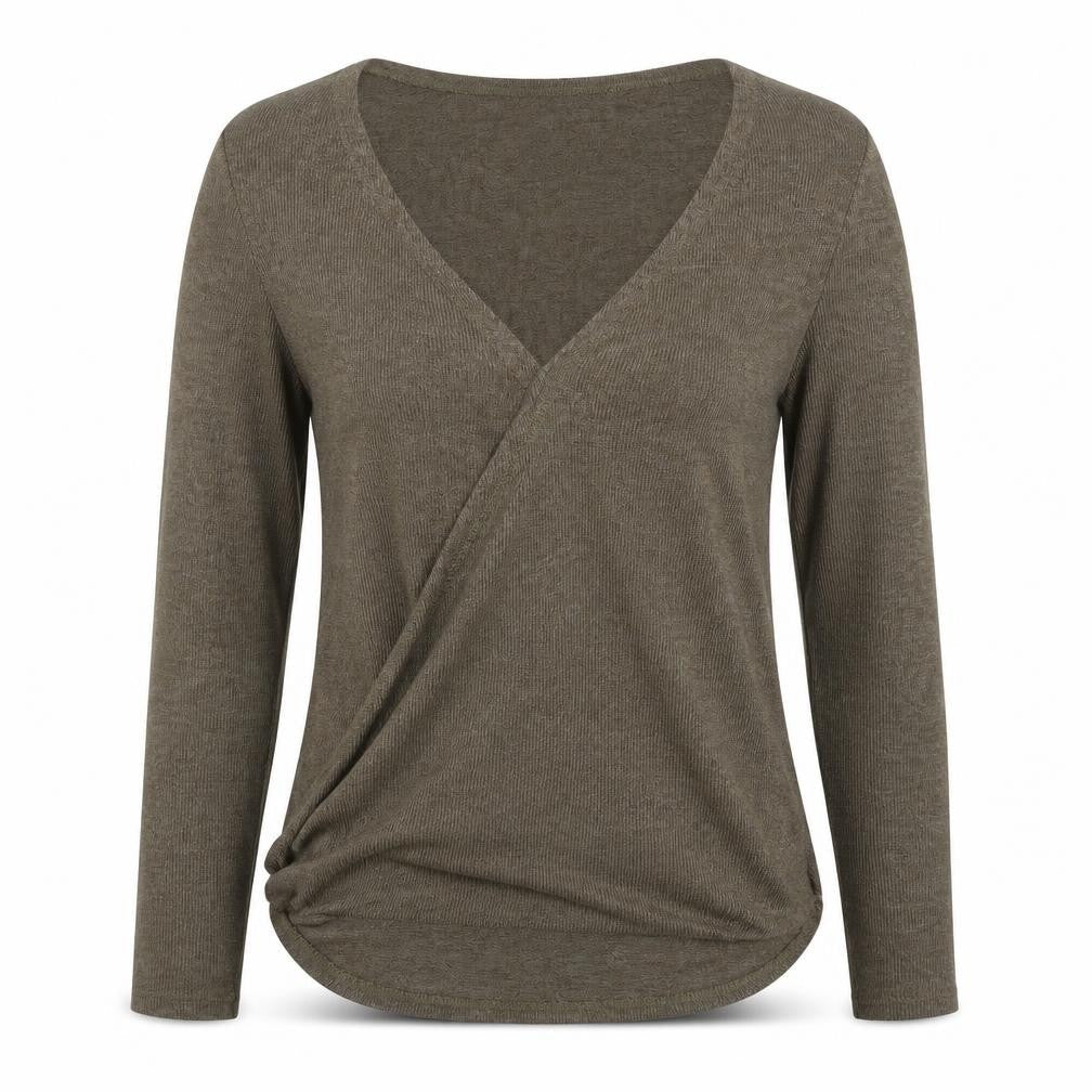 Bershka Women Brown Wrap V-Neck Long Sleeve Slim Fit Top M
