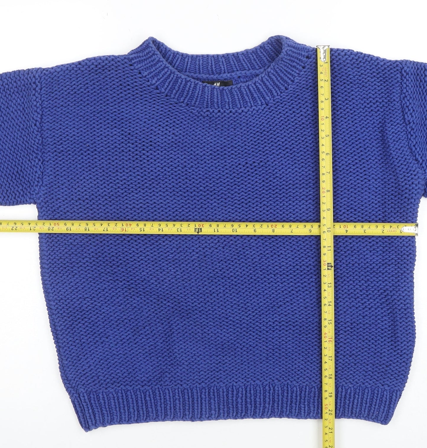 H&M Womens Blue Chunky Knit Short Sleeve Cotton Jumper Size 12
