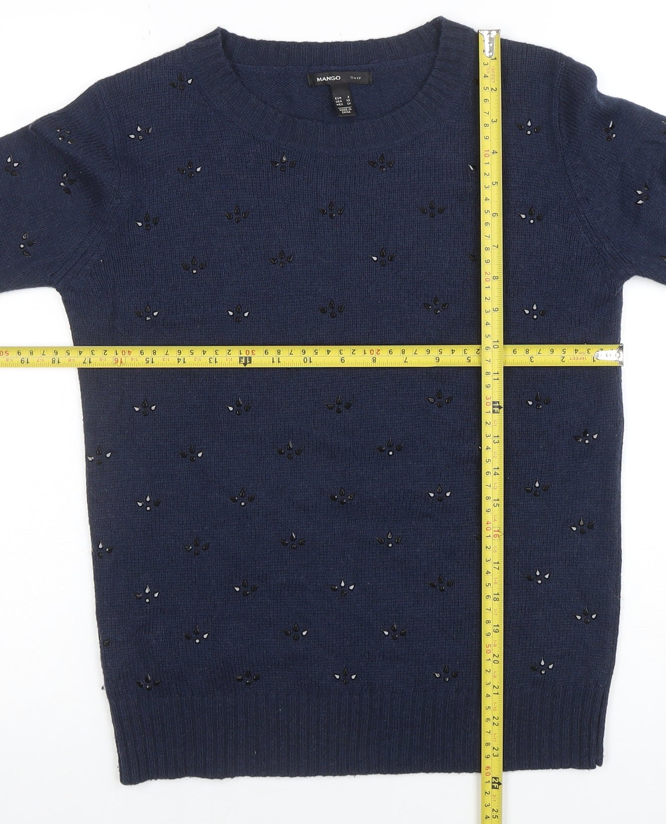 Mango Women's Blue Beaded Wool Blend Crew Neck Jumper Size 8