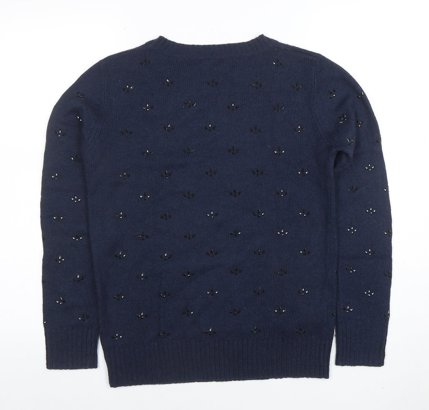 Mango Women's Blue Beaded Wool Blend Crew Neck Jumper Size 8