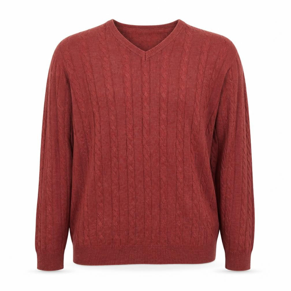 Cotton Traders Men's Red Cable-Knit V-Neck Jumper XL