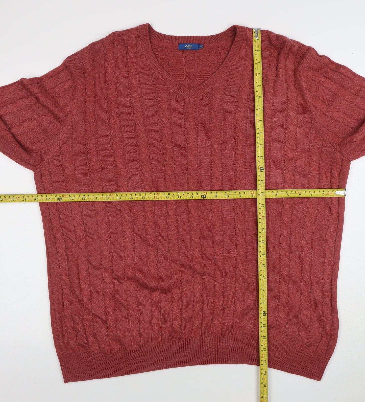 Cotton Traders Men's Red Cable-Knit V-Neck Jumper XL