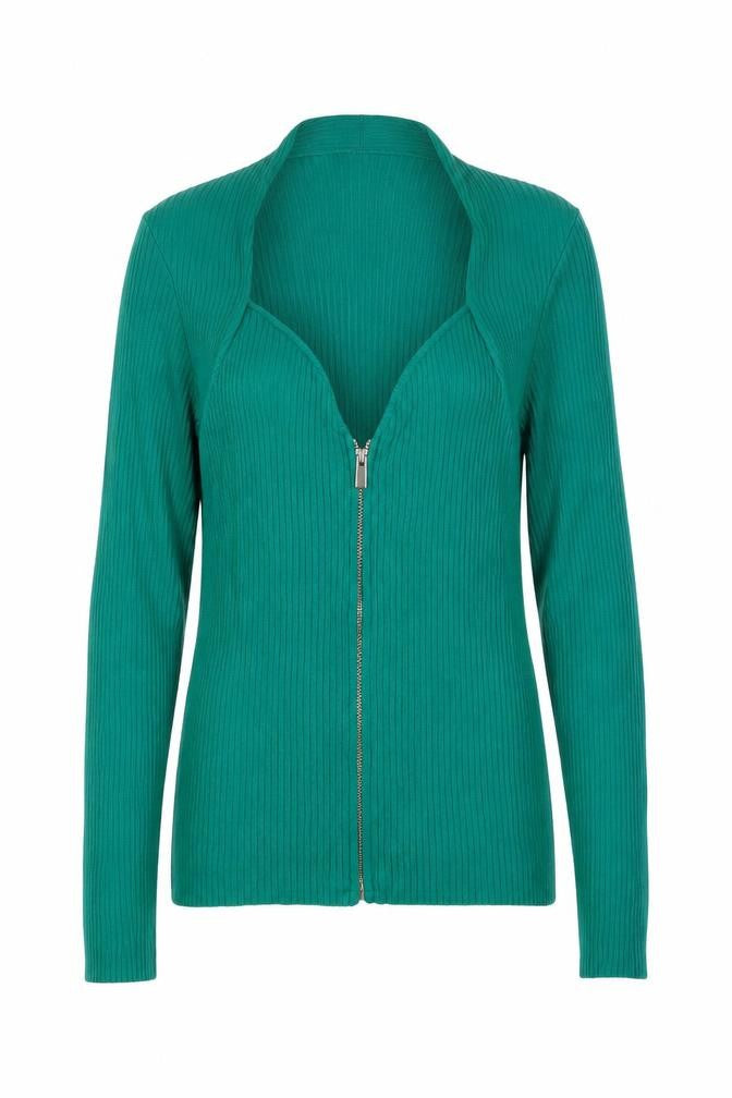 Sosandar Women's Green Full Zip Ribbed Cardigan Size 14