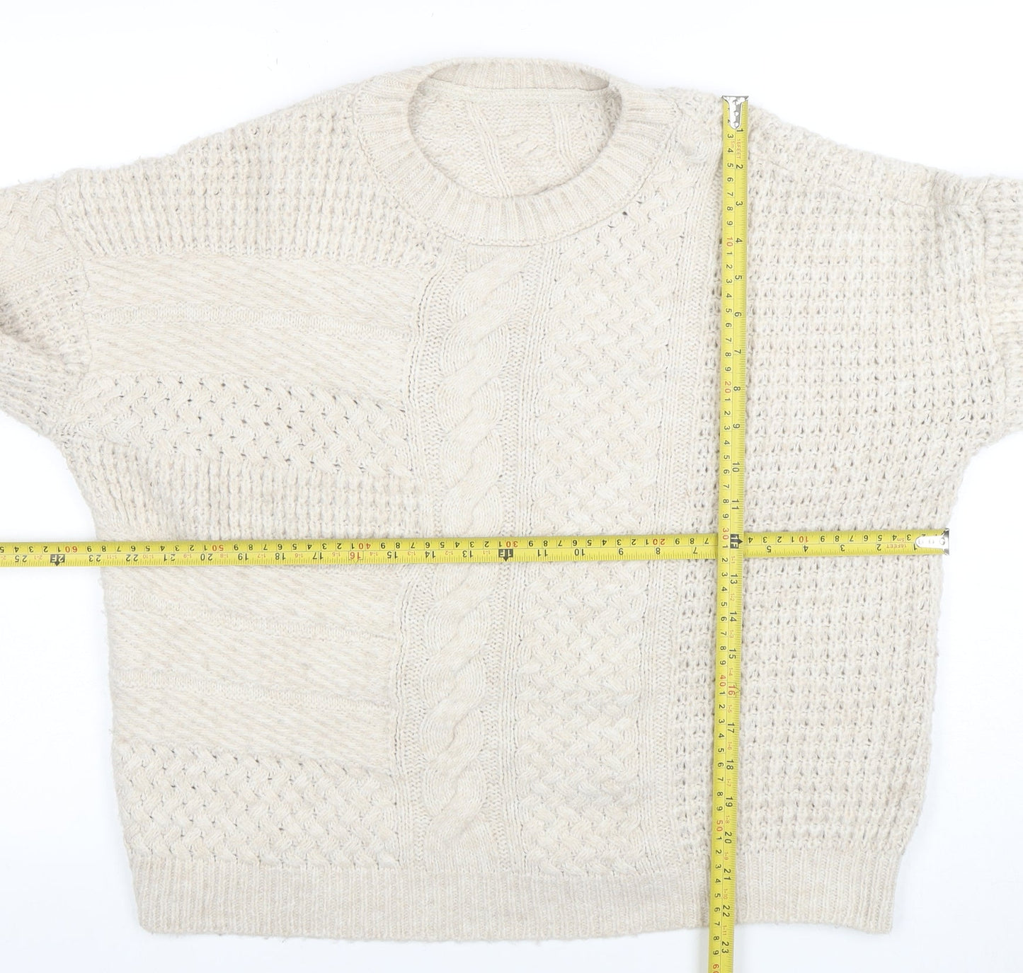 Next Women Beige Cable-Knit Cotton Blend Crew Neck Jumper M