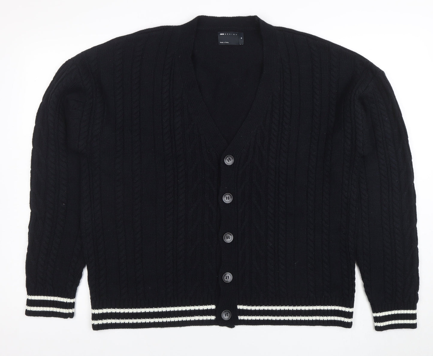 ASOS DESIGN Men's Black Cable-Knit Cardigan M V-Neck Button Front
