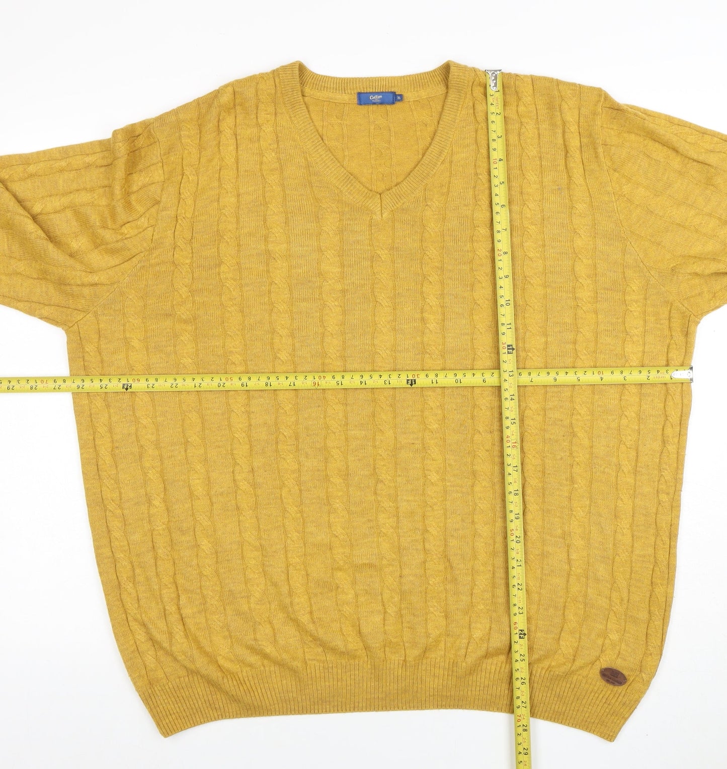 Colton Traders Men's Yellow XL Cable-Knit V-Neck Jumper