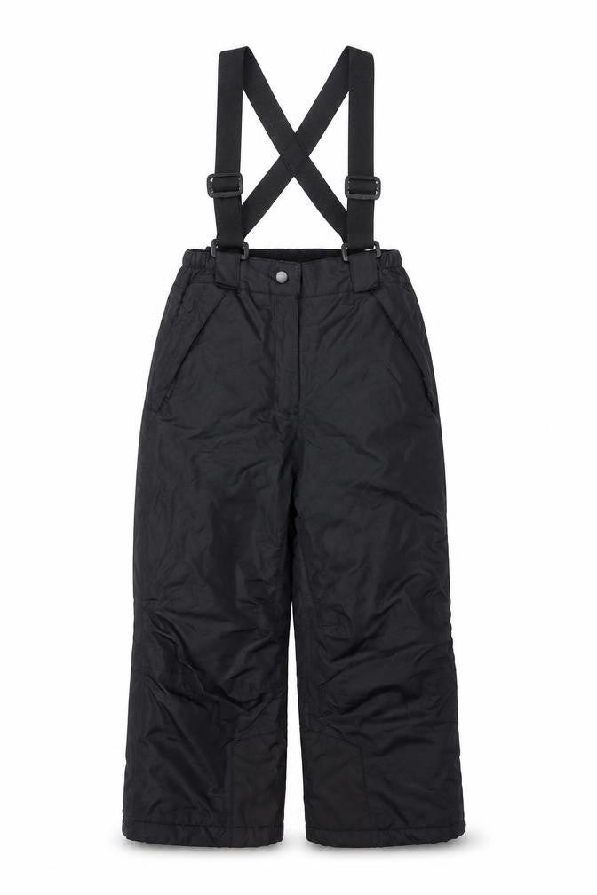 Front view of Crane boys’ black 5-6 years waterproof snow pants with adjustable straps