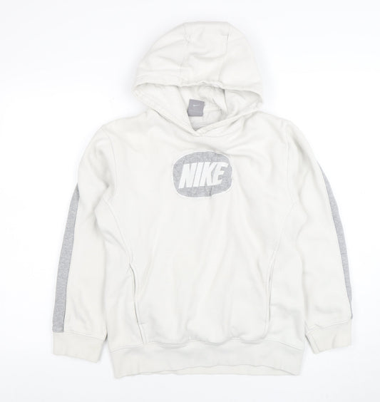 Nike Womens White Grey Hoodie L 14-16 Pullover Cotton Blend Logo