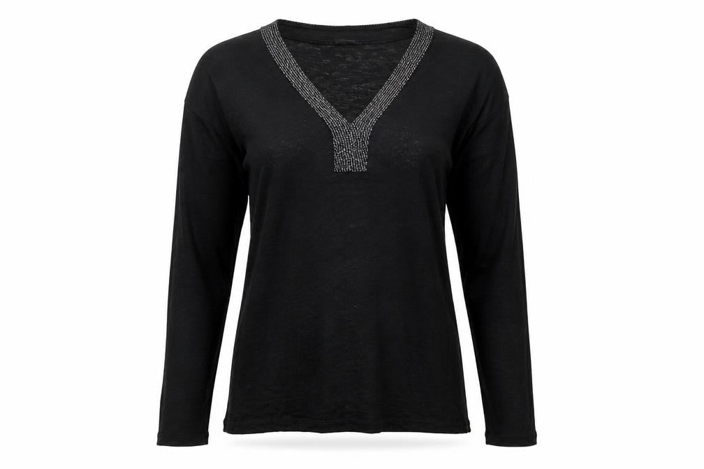 Front view of ESPRIT Women's Black Long Sleeve V-Neck Beaded Cotton Blouse, size S