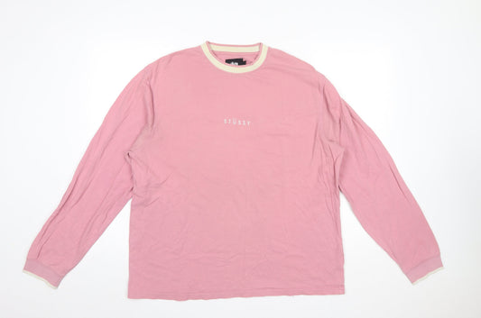 Stüssy Men’s Pink Long Sleeve Crew Neck Cotton T-Shirt Size L