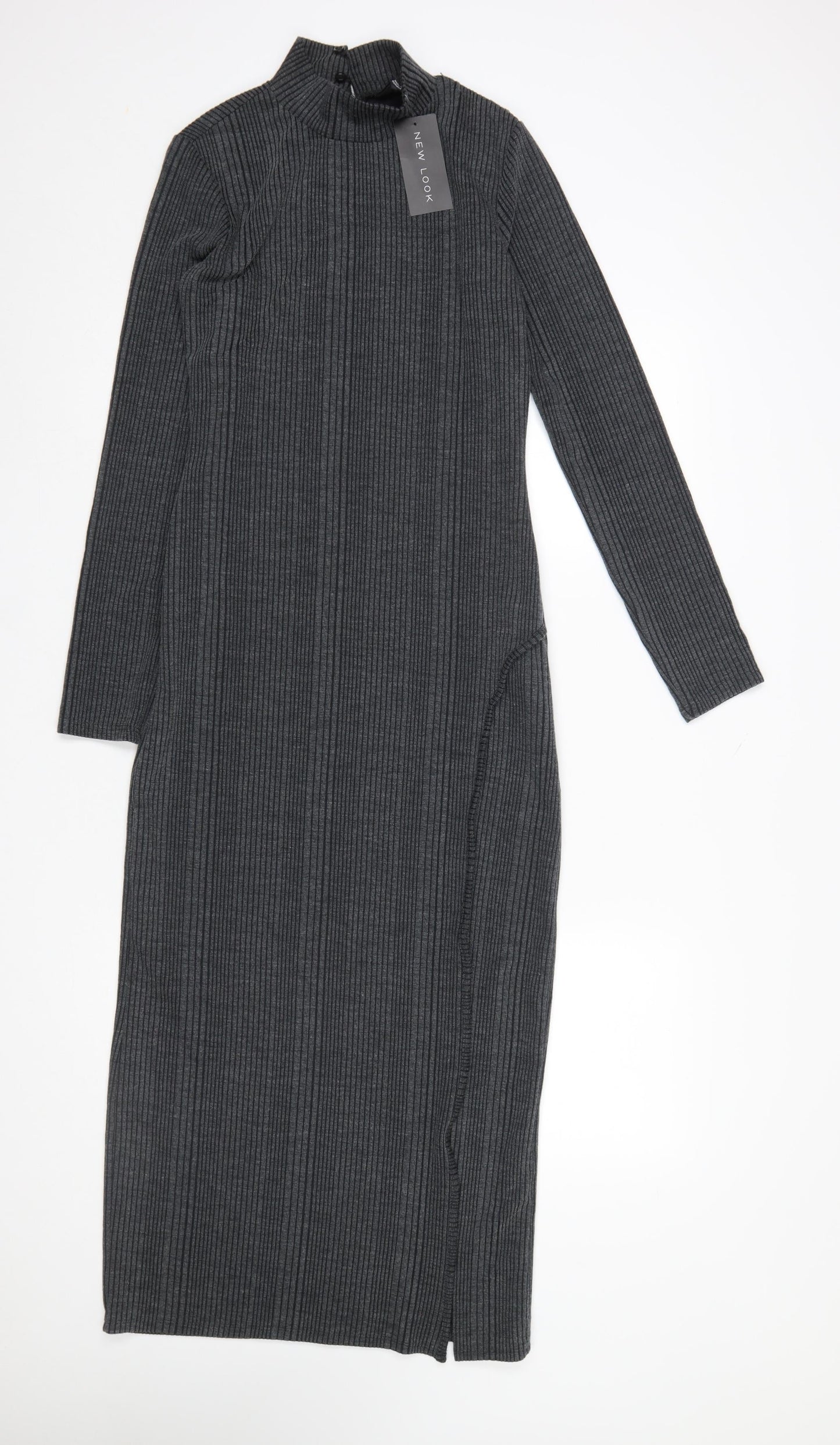 New Look Women Grey Ribbed High Neck Long Sleeve Bodycon Midi Dress UK 10