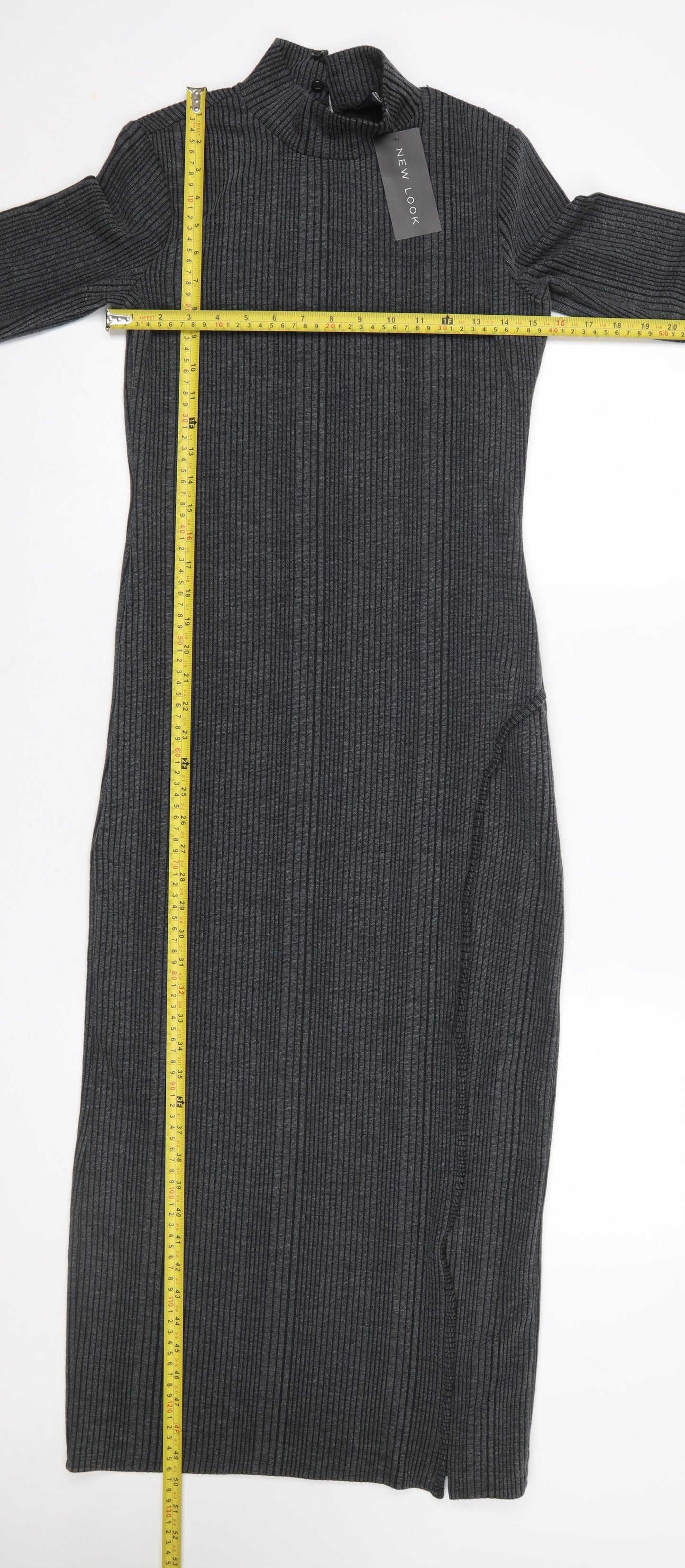 New Look Women Grey Ribbed High Neck Long Sleeve Bodycon Midi Dress UK 10