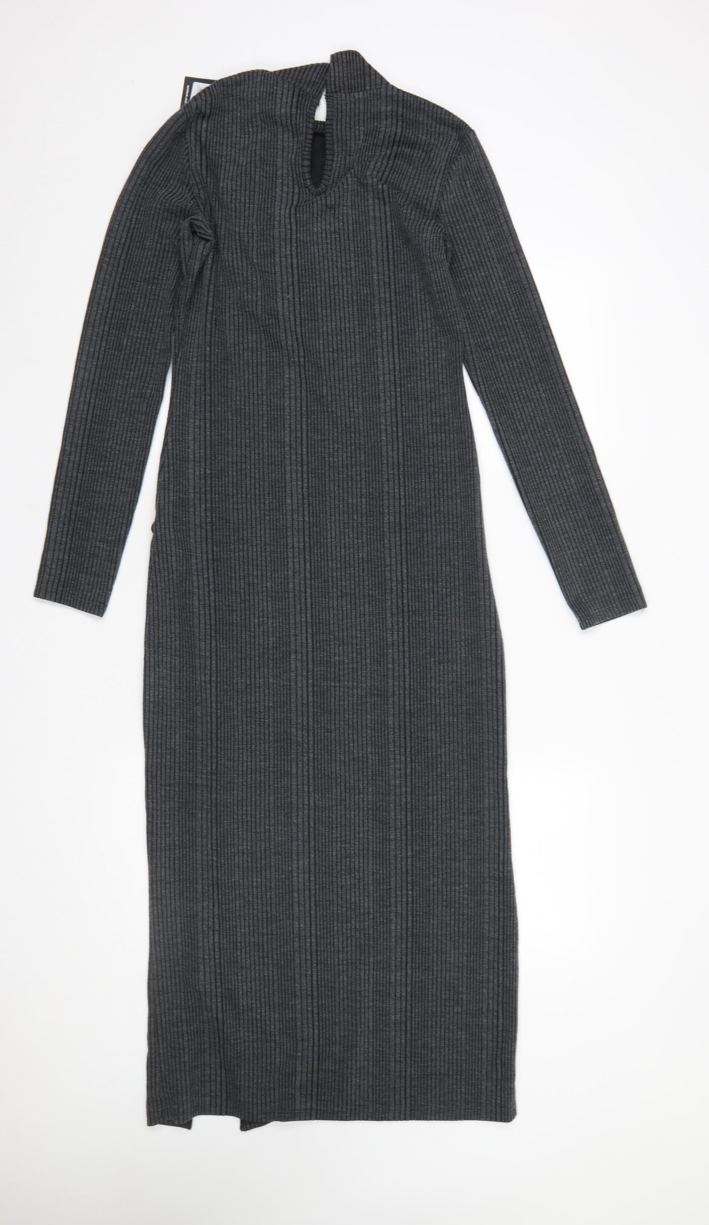 New Look Women Grey Ribbed High Neck Long Sleeve Bodycon Midi Dress UK 10