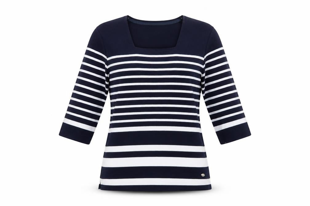 TIGI Womens Blue Striped 3/4 Sleeve Square Neck Top Size 10