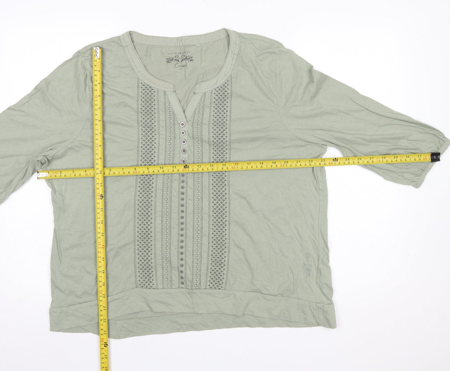 David Emanuel Women’s Green Cotton 3/4 Sleeve Tunic Blouse Size 20