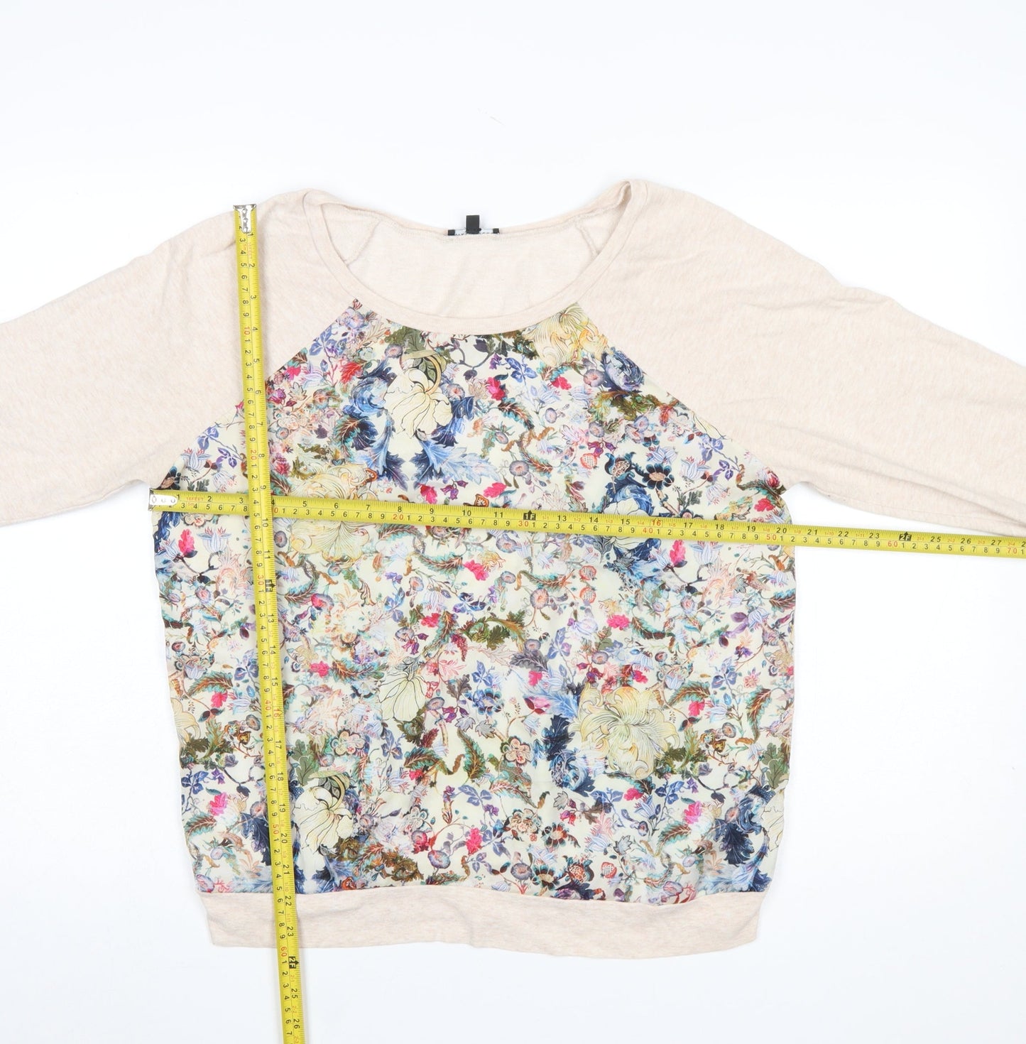 Warehouse Women’s Beige Floral Print Long Sleeve Jersey Top Size 14
