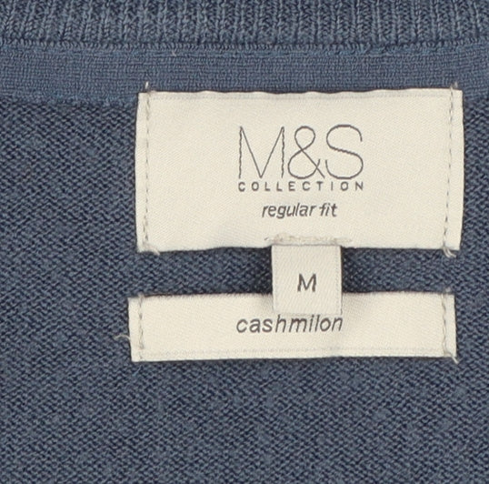 Marks and Spencer Men's Blue V-Neck Regular Fit Acrylic Jumper Medium