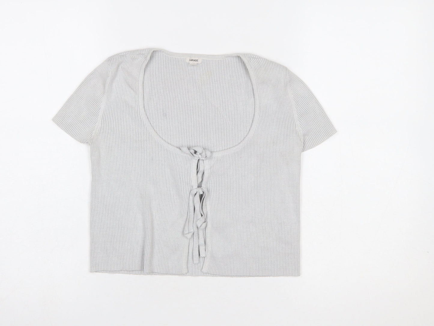 Garage Women’s Grey Cropped Tie Front Ribbed Knit Short Sleeve Top Size S