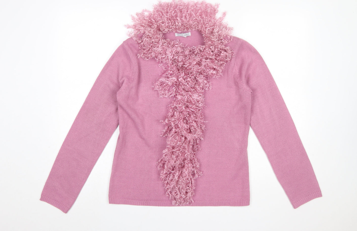 South Lodge Women's Pink Feather Trim Pullover Jumper S/M Acrylic Knit