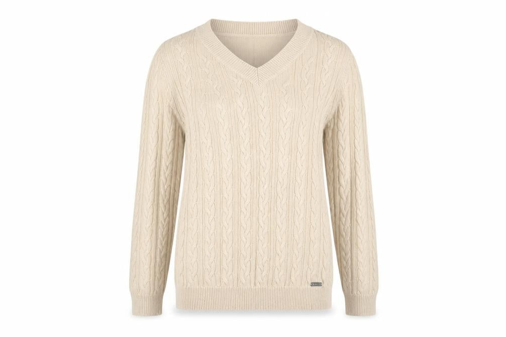 Collection L Women Beige Cable-Knit V-Neck Cotton Jumper Size 12