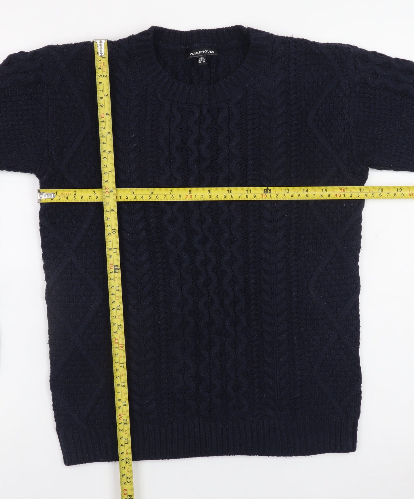 Warehouse Women's Blue Cable-Knit Jumper Size 8