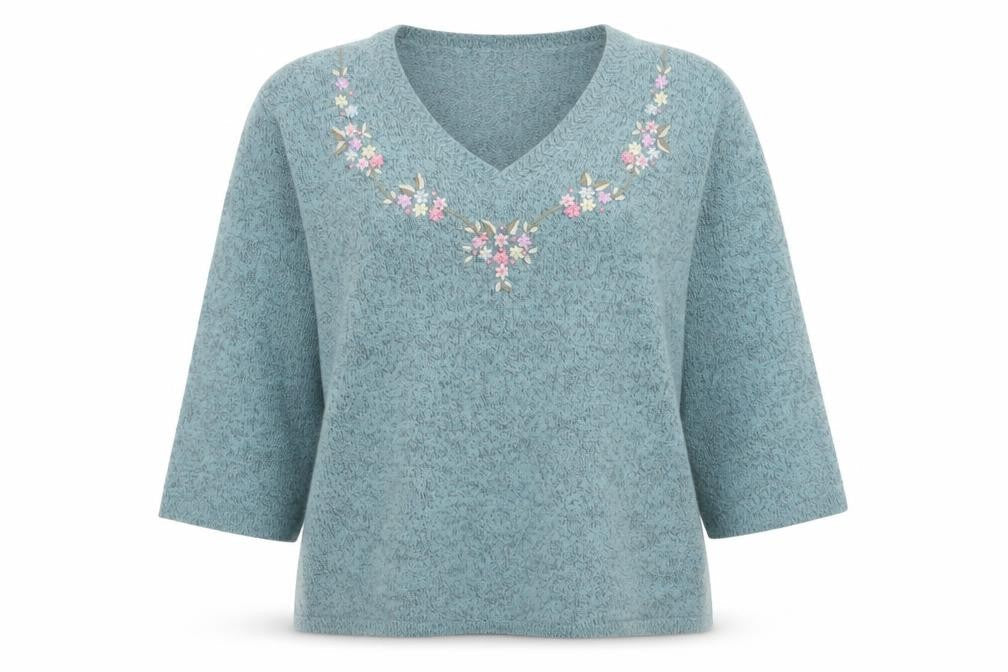 Damart Womens Green Embroidered V-Neck 3/4 Sleeve Jumper L 18/20