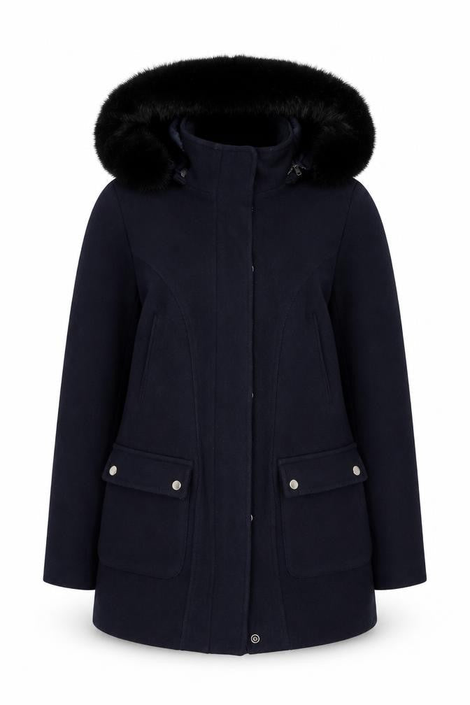 Monsoon Women's Navy Blue Wool Blend Hooded Fur Trim Coat Size 12