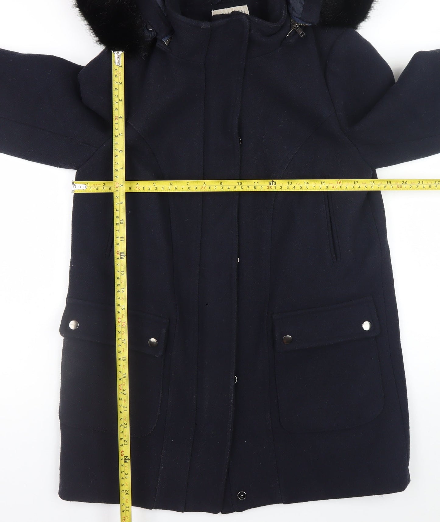 Monsoon Women's Navy Blue Wool Blend Hooded Fur Trim Coat Size 12