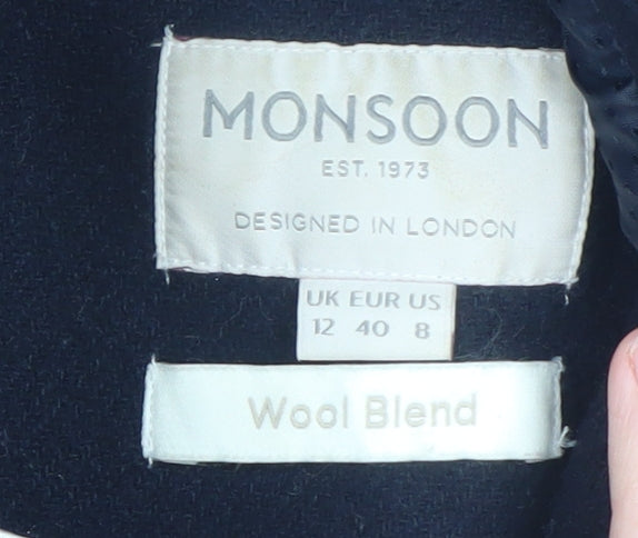 Monsoon Women's Navy Blue Wool Blend Hooded Fur Trim Coat Size 12