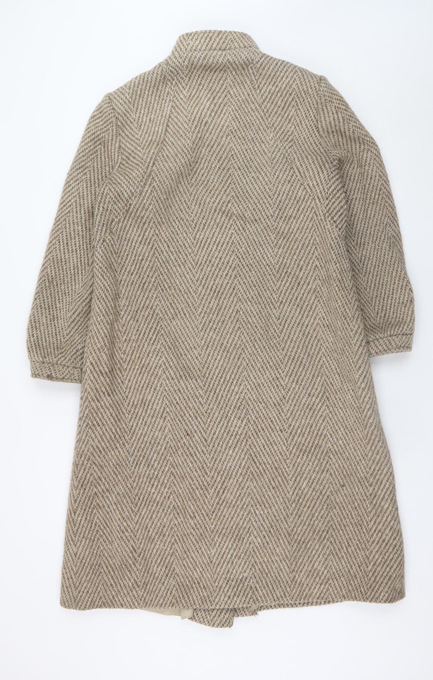 C&A Women Beige Wool Blend Long Overcoat Size 12 Classic Herringbone