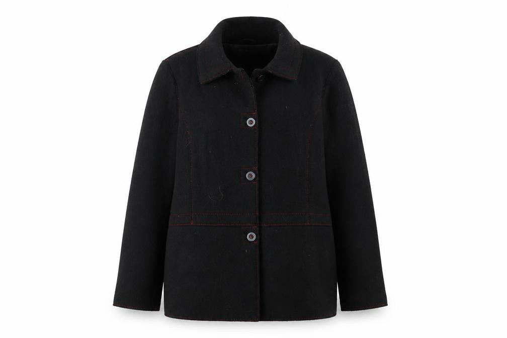 Front view of Alexara Women's Black Wool Blend Button Overcoat, size 18