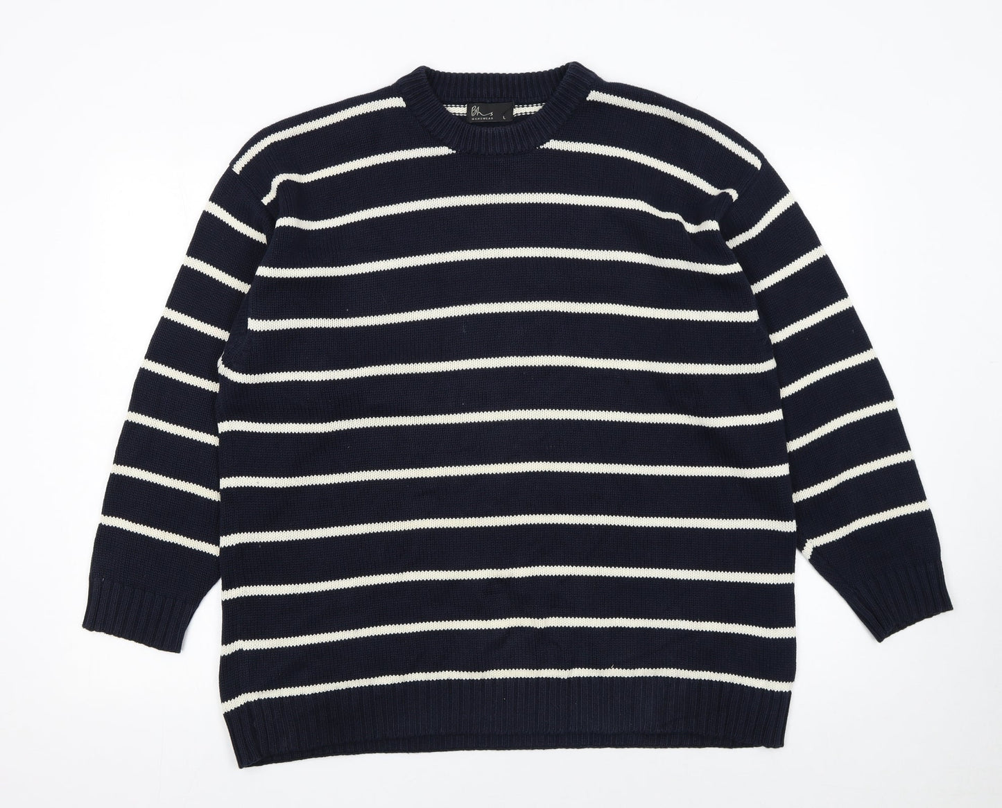BHS Mens Blue Striped Cotton Crew Neck Jumper Size L