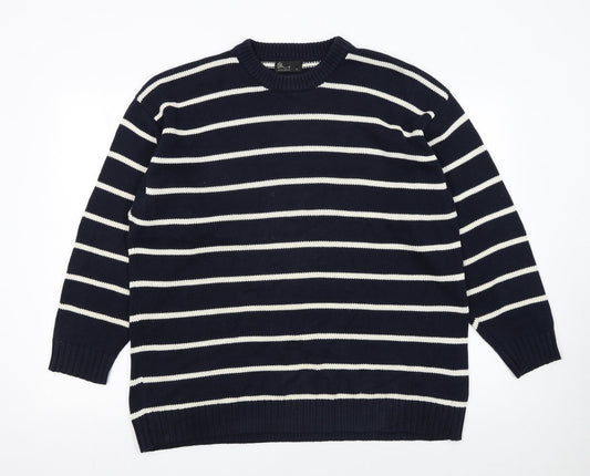 BHS Mens Blue Striped Cotton Crew Neck Jumper Size L