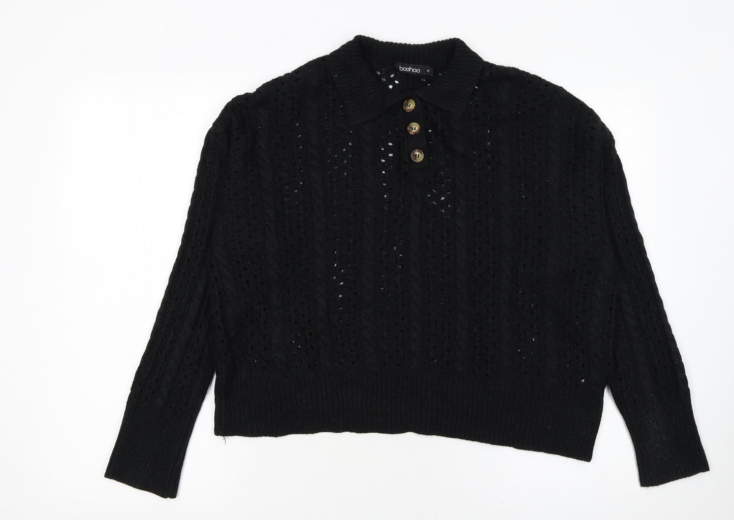 Boohoo Women’s Black Collared Cable Knit Henley Jumper Size M