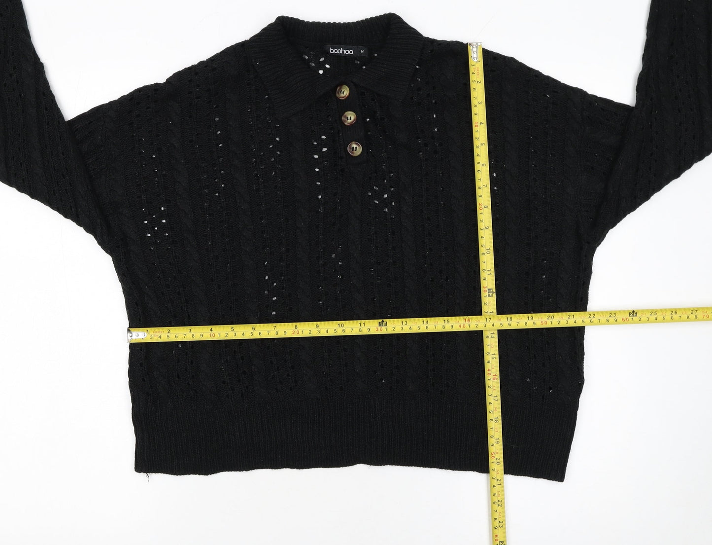 Boohoo Women’s Black Collared Cable Knit Henley Jumper Size M