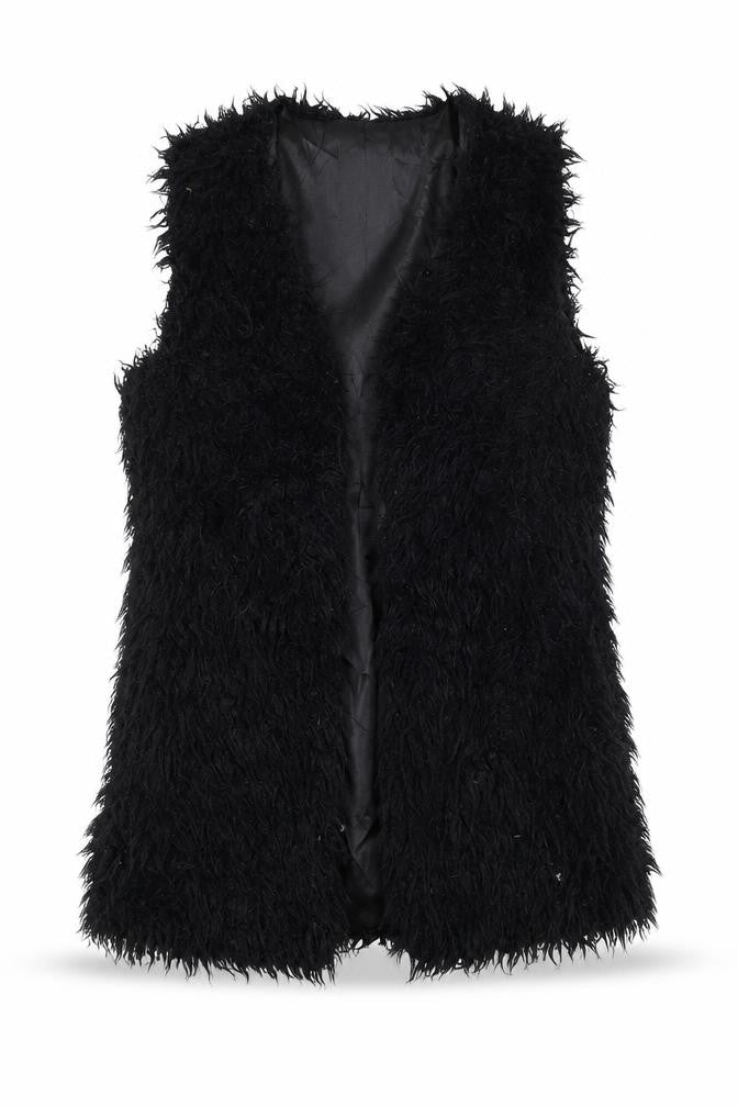 Front view of ICHI Women's Black Faux Fur Sleeveless Waistcoat XS