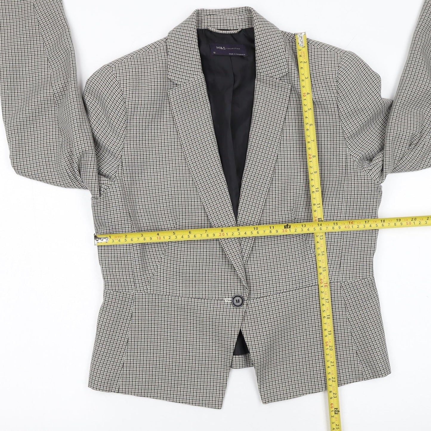 Marks and Spencer Women Grey Checked Single-Breasted Blazer Size 12