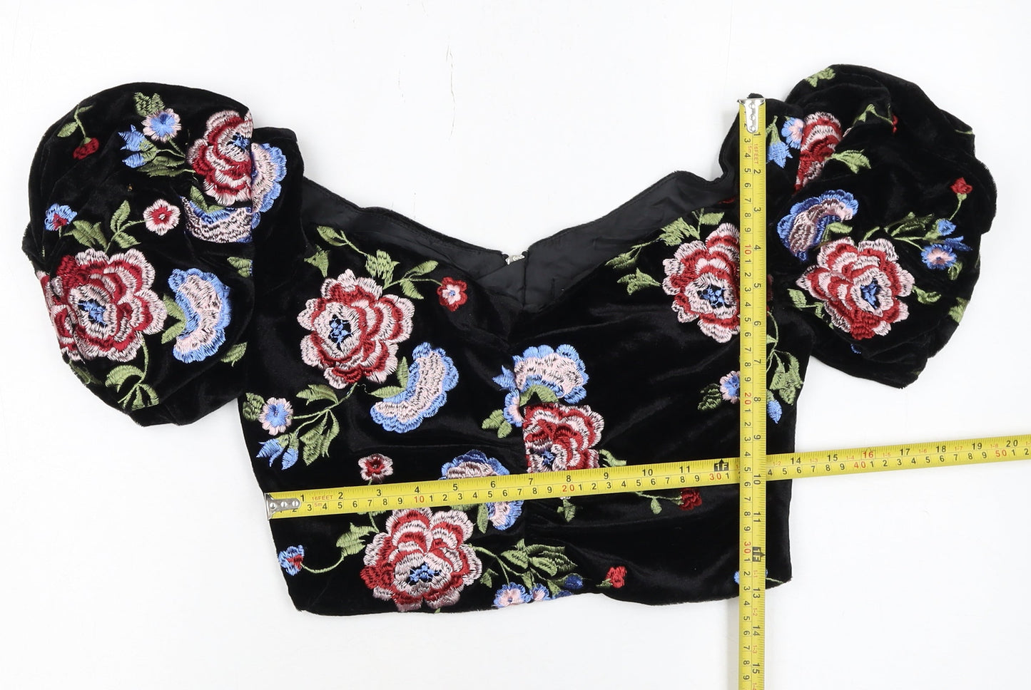 Topshop Women's Black Floral Velvet Embroidered Cropped Puff Sleeve Blouse UK 10