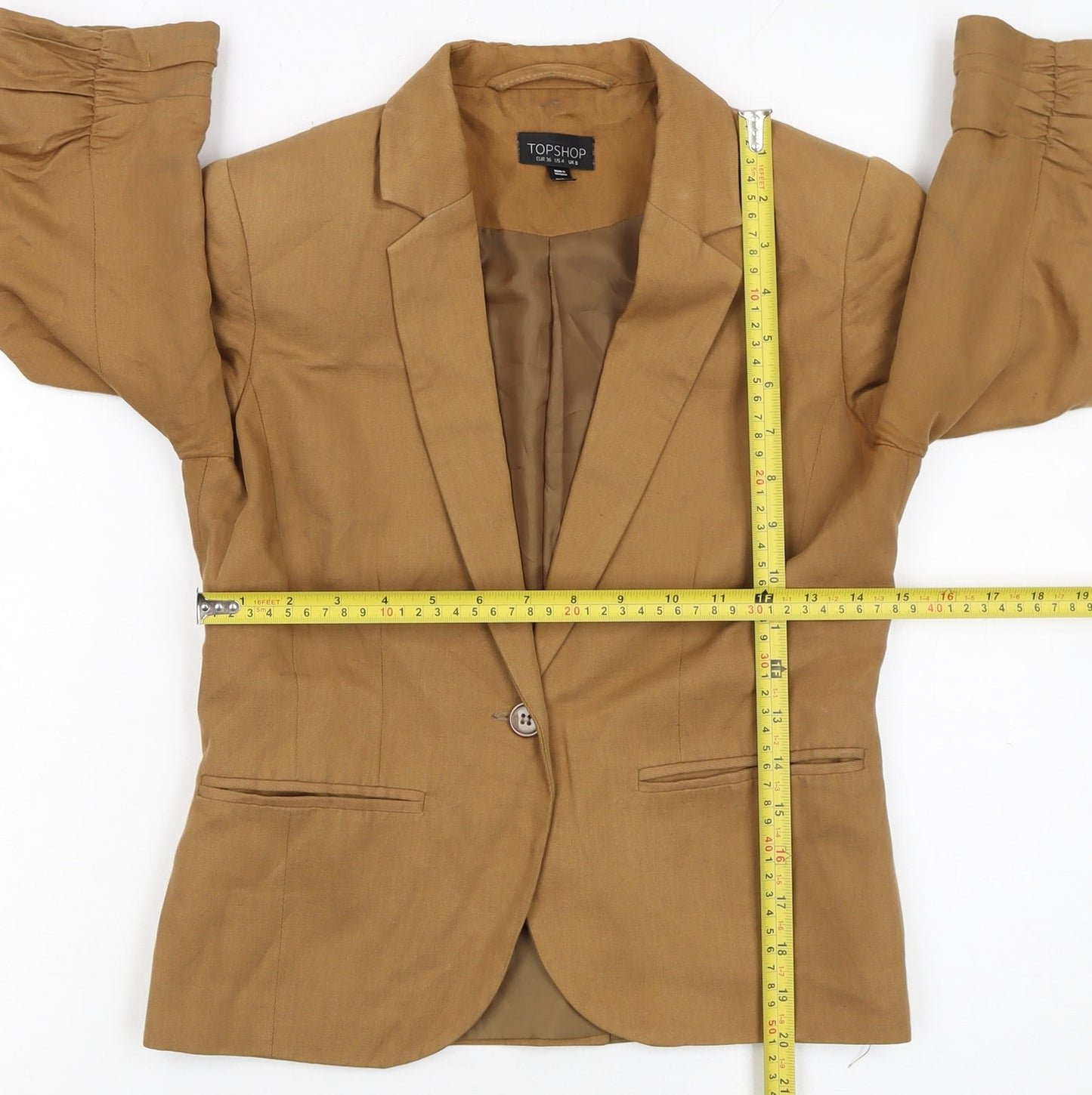 Topshop Women Brown Linen Blend 3/4 Sleeve Blazer UK 8