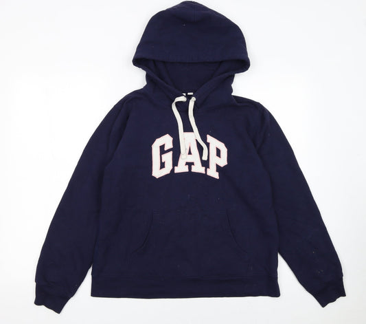 GAP Women Navy Blue Medium Pullover Hoodie with Logo Print