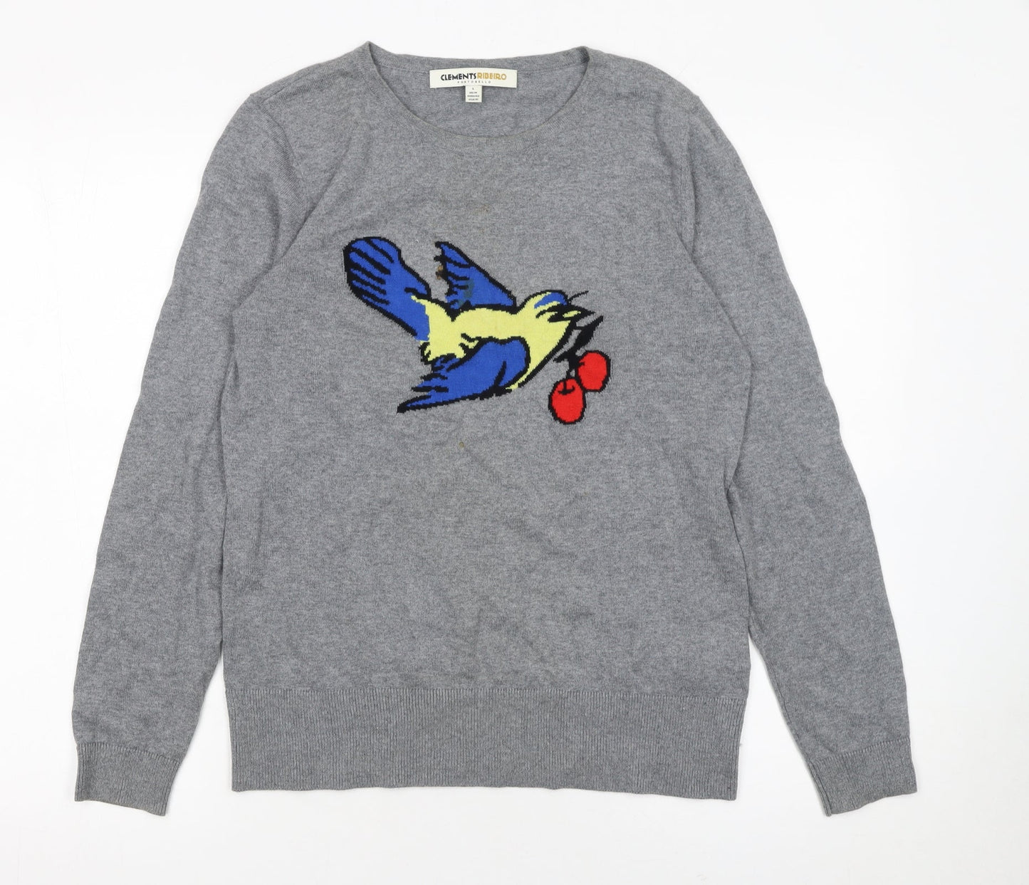 Clements Ribeiro Women Grey Bird Pullover Jumper Size 14 Cotton Cashmere