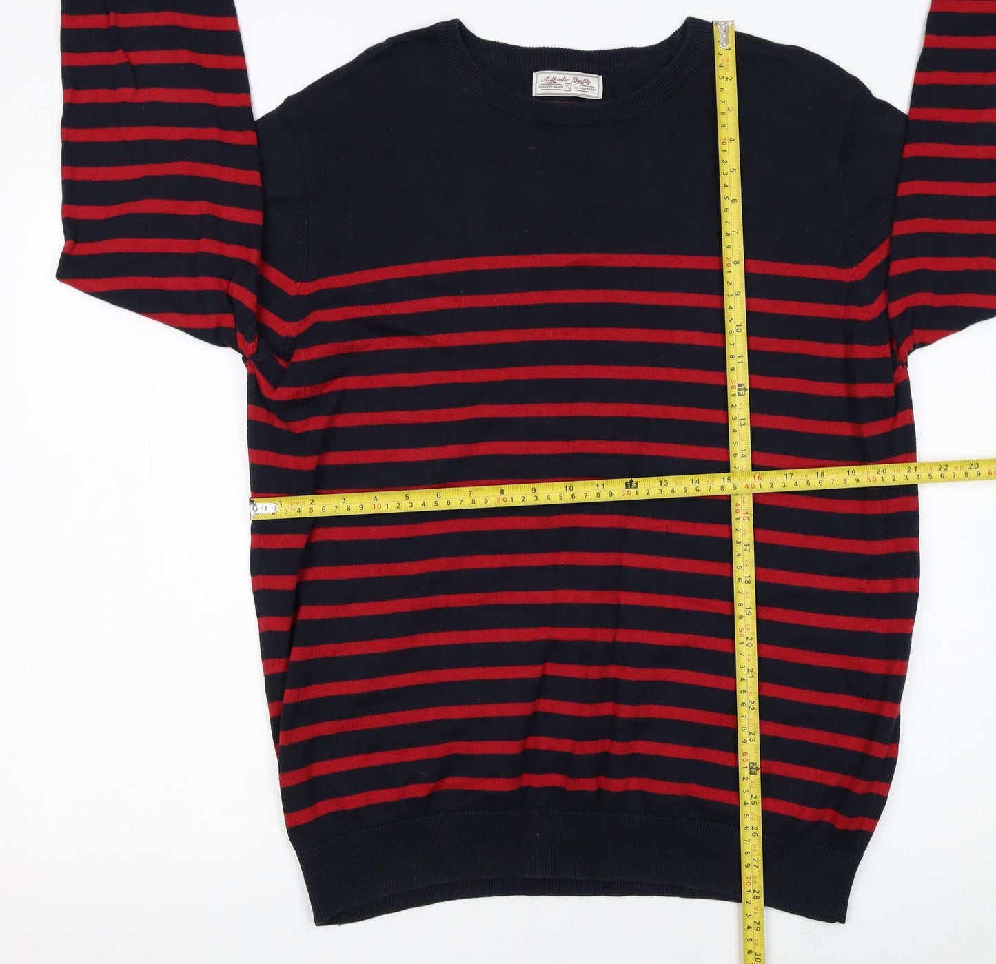 TU Men's Blue Red Striped Cotton Crew Neck Jumper Size L